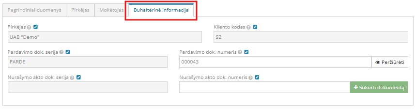 užsakymo buhalterinė informacija